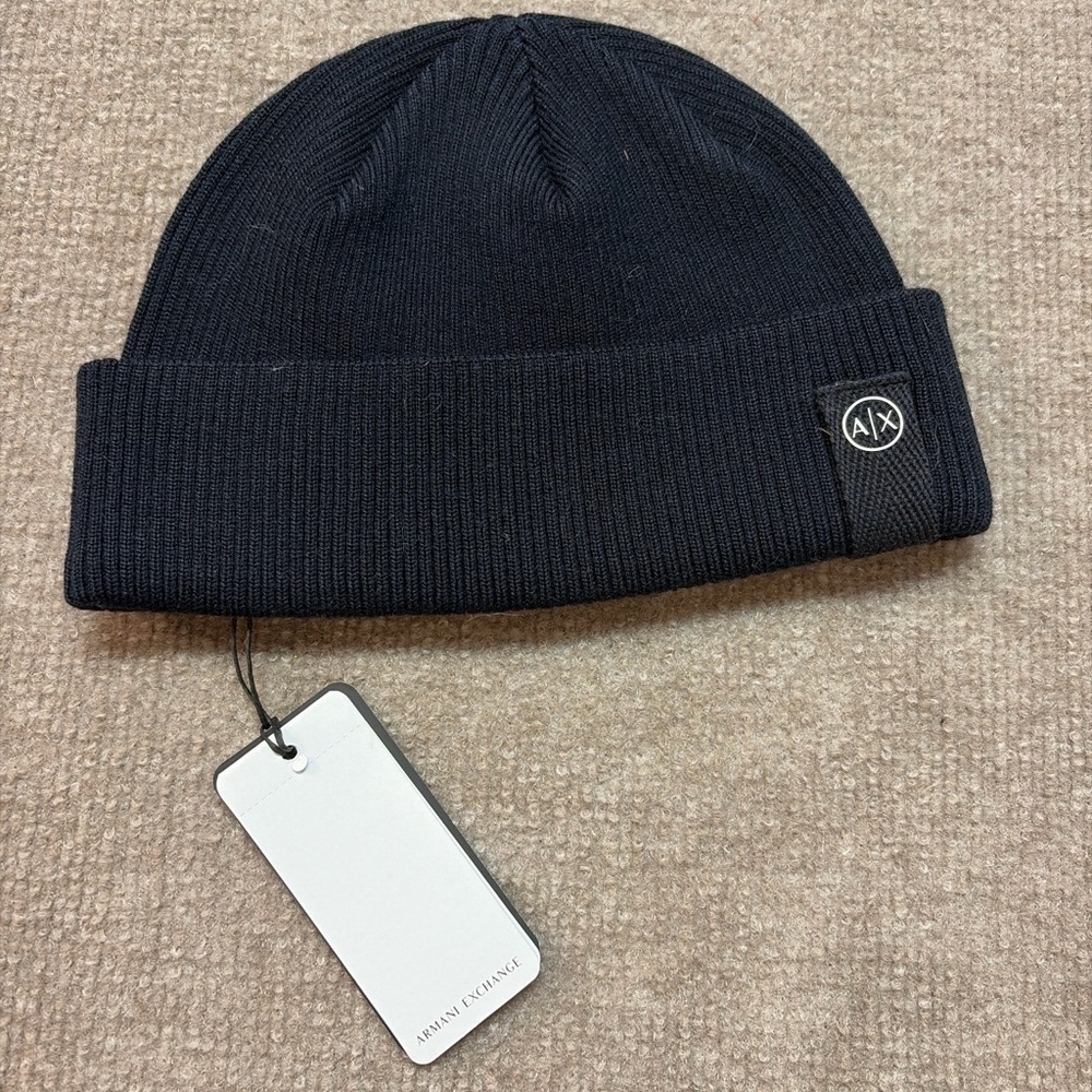 Armani Exchange A|X Black Knit Beanie Hat Logo Patch NWT 0783
